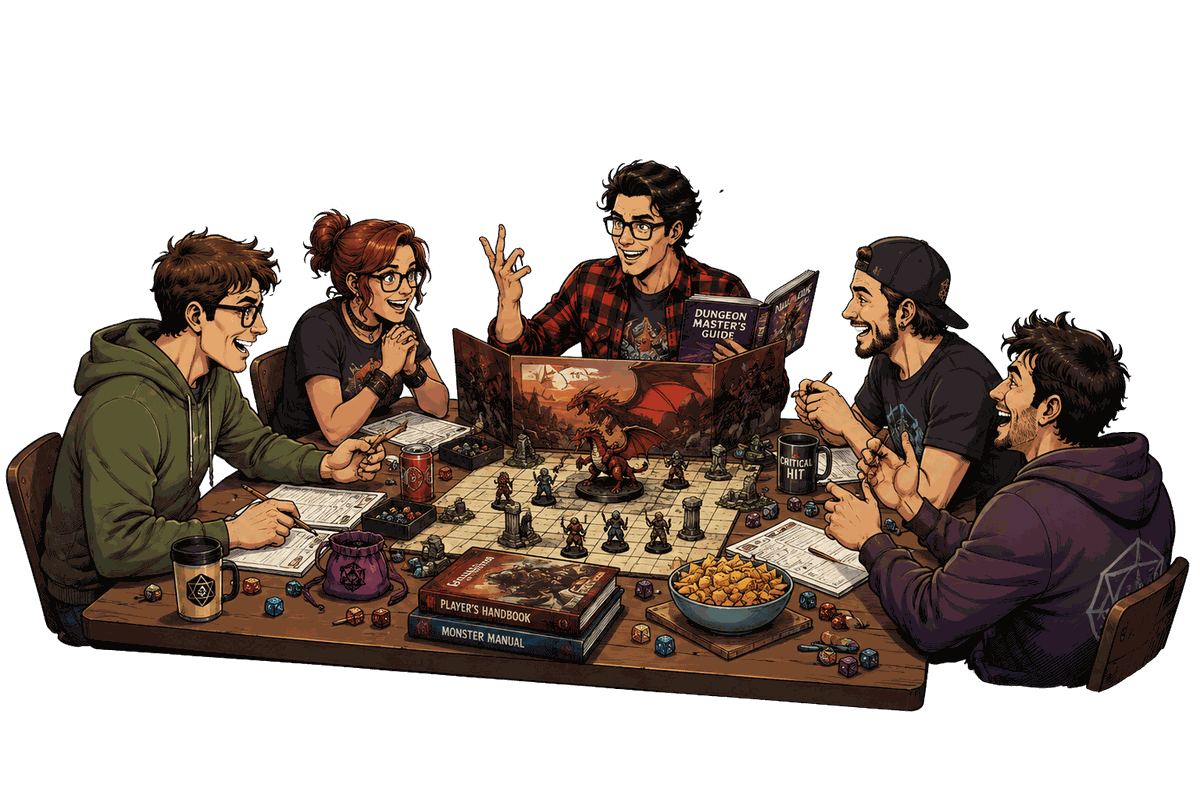 Tavolo di gioco di ruolo a Reggio Nerd: Dungeon Master, dadi e miniature